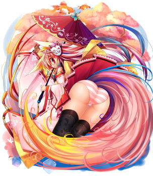 1girl animal_ears ass bad_id bad_pixiv_id black_thighhighs detached_sleeves female_focus fish fox_ears fox_tail goldfish hair_ornament highres nagai_wataru open_mouth original panties red_eyes solo striped_clothes striped_panties tail thighhighs umbrella underwear