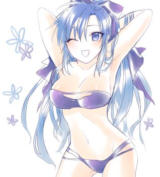 Rule 34 | 1girl, ;d, blue eyes, blue hair, bow, bra, breasts, cleavage, cowboy shot, galaxy angel, genderswap, genderswap (mtf), hair between eyes, hair bow, highres, long hair, navel, one eye closed, open mouth, panties, purple bow, purple bra, purple panties, ritsu (r litsuca), shiny skin, smile, takuto meyers, underwear