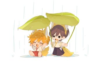 Rule 34 | 2boys, akehoshi subaru, arms up, black hair, black pants, chibi, chibi only, closed eyes, commentary, ensemble stars!, full body, hair between eyes, hakama, hakama pants, hidaka hokuto, highres, holding, holding leaf, japanese clothes, leaf, leaf umbrella, long sleeves, looking at another, male focus, multiple boys, open mouth, orange hair, pants, rain, red pants, shirt tucked in, short hair, simple background, sitting, smile, standing, symbol-only commentary, tail, white background, yawayapan