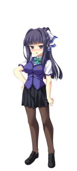 1girl aoi_masami black_eyes black_hair blush bow breasts doumyouji_kotetu full_body game_cg hand_on_own_hip highres large_variant_set loafers long_hair looking_at_viewer non-web_source official_art open_mouth pantyhose pleated_skirt ponytail school_uniform shoes short_sleeves skirt solo tachi-e transparent_background ts_magical_girl_nao variant_set