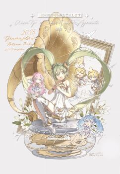 1boy 4girls absurdres armlet asymmetrical_bangs ballerina ballet_slippers bare_shoulders bird bird_tail bird_wings blonde_hair blue_eyes blue_hair blush bracelet brother_and_sister closed_eyes dress flower gold_armlet gold_bracelet gramophone_len gramophone_luka gramophone_miku gramophone_miku_(frostflower) gramophone_rin green_eyes green_hair hair_between_eyes hair_ornament hairclip hatsune_miku highres jewelry kagamine_len kagamine_rin long_hair megurine_luka multiple_girls musical_note musical_staff official_alternate_costume official_alternate_hairstyle official_art official_wallpaper open_mouth parallel_hairclips phonograph pink_hair shatang_wei_xing_cheng shirt short_dress shorts siblings single_thighhigh smile strapless strapless_dress tail thighhighs translation_request tutu twintails very_long_hair vocaloid white_flower white_shirt white_shorts white_thighhighs wings