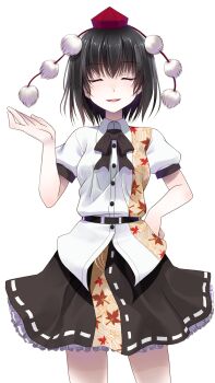 1girl belt black_belt black_bow black_bowtie black_hair black_skirt bow bowtie buttons closed_eyes collared_shirt commentary_request cowboy_shot crote facing_viewer frilled_skirt frills hand_on_own_hip hand_up hat highres large_variant_set leaf_print legs_apart maple_leaf_print parted_lips puffy_short_sleeves puffy_sleeves red_hat ribbon-trimmed_skirt ribbon_trim shameimaru_aya shirt short_hair short_sleeves skirt sleeve_cuffs smile solo standing tachi-e teeth tokin_hat touhou transparent_background u_u upper_teeth_only variant_set white_shirt