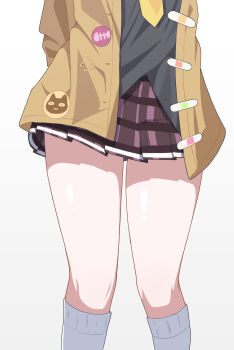 1girl absurdres aikawa_yuduki arms_behind_back bandaid black_shirt cardigan commentary_request feet_out_of_frame highres kasukabe_tsumugi leg_focus lower_body miniskirt open_cardigan open_clothes plaid_clothes plaid_skirt pleated_skirt purple_skirt shirt simple_background skirt socks solo thighs voicevox white_background white_socks yellow_cardigan