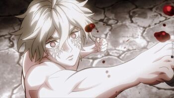 1boy adam_(shuumatsu_no_valkyrie) ahoge grey_eyes looking_at_viewer male_focus messy_hair punch shuumatsu_no_valkyrie solo white_hair