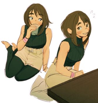 1girl bare_shoulders beybuniki black_leggings black_sweater boku_no_hero_academia breasts brown_eyes brown_hair cup drinking holding holding_cup kneeling leggings light_blush medium_breasts medium_hair multiple_views parted_lips sketch skirt sleeveless sleeveless_turtleneck smile solo sweater thick_eyebrows turtleneck turtleneck_sweater uraraka_ochako white_background white_skirt