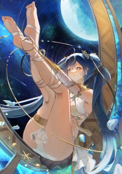 1girl absurdres ahoge armlet bare_shoulders barefoot blue_eyes blue_hair breasts closed_mouth commentary english_commentary feet full_body full_moon gold_bra gradient_hair hair_belt highres iuno_(wuthering_waves) jewelry kneepits laurel_crown leg_wrap legs_up long_hair looking_at_viewer medium_breasts moon multicolored_hair signwolf smile solo streaked_hair thighlet thighs toes twintails very_long_hair wuthering_waves