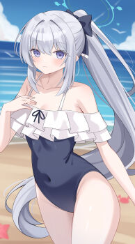 1girl absurdres beach blue_archive blue_halo blue_one-piece_swimsuit casual_one-piece_swimsuit covered_navel frilled_one-piece_swimsuit frills gosong grey_hair halo highres horizon long_hair miyako_(blue_archive) miyako_(swimsuit)_(blue_archive) ocean off-shoulder_one-piece_swimsuit off_shoulder official_alternate_costume one-piece_swimsuit ponytail purple_eyes solo swimsuit two-tone_one-piece_swimsuit