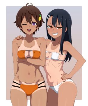 2girls absurdres ahoge ai-assisted bikini black_hair breasts commentary crossover english_commentary eyepatch_bikini food-themed_hair_ornament gluteal_fold grey_background grin guilegaze hair_ornament hairclip hand_on_another's_shoulder hand_on_own_hip highres ijiranaide_nagatoro-san lemon_hair_ornament looking_at_viewer make_heroine_ga_oo_sugiru! medium_breasts multi-strapped_bikini_bottom multiple_girls nagatoro_hayase nail_polish navel one-piece_tan one_eye_closed orange_bikini purple_eyes red_nails small_breasts smile swimsuit tan tanline trait_connection white_bikini yakishio_lemon