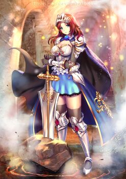 1girl armor armored_boots black_thighhighs blue_cape blue_eyes blue_skirt boots breastplate breasts cape cleavage closed_mouth commentary commentary_request elbow_pads english_commentary flower frown glint gloved_sleeves greatsword hands_on_hilt knee_boots knight large_breasts lens_flare light_particles long_hair long_sleeves looking_at_viewer mixed-language_commentary original parted_bangs pham_thai_chau planted planted_sword planted_weapon red_eyes red_flower rock shoulder_armor skirt solo sparkle sword thighhighs top_of_moe_2016 vambraces visor_(armor) watermark weapon web_address