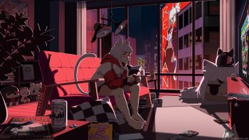 1girl ad animal_ear_fluff animal_ears blue_eyes can city coat controller couch crop_top dolphin_shorts flower highres hood hoodie indoors joystick long_hair looking_to_the_side magazine_(object) mikan_(renyan) night on_couch original peesh_san perspective pillow playing ponytail red_eyes shorts sitting sky solo star_(sky) stomach stuffed_toy tail television virtual_youtuber white_hair