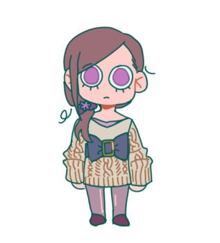 1girl ayellowapple black_bow black_sash black_shoes bow brown_hair buckle cable_knit chibi chibi_only closed_mouth commentary dress english_commentary eyelashes full_body grey_pantyhose hair_over_shoulder kurashiki_akane kyokugen_dasshutsu long_hair long_sleeves pantyhose purple_eyes sash shoes side_ponytail simple_background solo standing straight-on sweater sweater_dress white_background wide-eyed zero_escape:_toki_no_dilemma