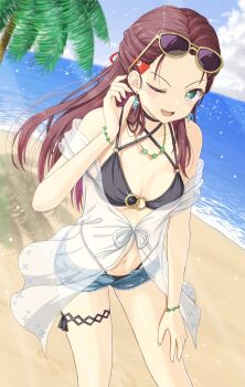 Rule 34 | 1girl, ;d, alternate costume, aqua eyes, bangs pinned back, bare shoulders, beach, bikini, black bikini, black choker, blush, breasts, bright pupils, brown hair, choker, commentary request, criss-cross halter, cutoffs, day, denim, denim shorts, earrings, eyelashes, eyewear on head, feet out of frame, forehead, glint, hair ornament, half updo, halterneck, hand on own thigh, hand up, heaven burns red, highleg, highleg bikini, highres, jewelry, long hair, looking at viewer, mochimugi rice, navel, o-ring, o-ring bikini, o-ring top, ocean, one eye closed, ooshima niina, open mouth, outdoors, palm tree, partial commentary, see-through clothes, short shorts, shorts, small breasts, smile, smug, solo, standing, straight hair, sunglasses, swimsuit, tree, v-shaped eyebrows, white pupils