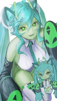 1girl :d animal_ears antennae aqua_hair black_sleeves breasts cat_ears cat_girl cat_tail chibi chibi_inset closed_mouth collared_leotard colored_skin colored_tongue commentary curvy detached_sleeves double-parted_bangs fangs floating glorpi_miku_(dyarikku) green_eyes green_skin green_sleeves green_tongue hair_between_eyes hand_up hatsune_miku highleg highleg_leotard highres large_breasts leotard long_hair messy_hair nonono_0147 open_mouth pinstripe_leotard simple_background sitting sleeves_past_fingers sleeves_past_wrists smile solo tail teeth thick_thighs thighhighs thighs twintails two-tone_sleeves very_long_hair vocaloid white_background white_leotard white_thighhighs wide_hips