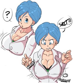 1girl ? blue_eyes blue_hair bouncing_breasts breasts bulma buttons cleavage clenched_teeth covered_erect_nipples dragon_ball dragon_ball_super english_text female_focus hands_up highres large_breasts looking_at_viewer matching_hair/eyes mature_female motion_lines multiple_views open_mouth popped_button pseudocel short_hair simple_background sound_effects speech_bubble teeth upper_body wardrobe_malfunction white_background
