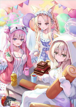 3girls absurdres angel_wings animal_ears balloon blue_archive blue_dress blush bottle braid breasts brown_hair cake chocolate_cake cleavage collarbone cup double_bun dress feathered_wings flower food fox_ears fox_girl hair_bun hair_flower hair_ornament halo highres holding holding_cup jacket long_hair long_sleeves looking_at_another looking_at_viewer low_wings mika_(blue_archive) multiple_girls nagisa_(blue_archive) natie open_mouth pink_hair pink_halo pink_jacket plaid_clothes plaid_dress scrunchie seia_(blue_archive) shirt sleepwear sleeveless sleeveless_dress smile striped_clothes striped_shirt tea tea_party_(blue_archive) teacup twin_braids very_long_hair water_bottle white_halo wing_ornament wings wrist_scrunchie yellow_eyes yellow_halo