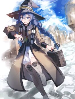 1girl blue_eyes blue_hair bonnodori1 boots braid commentary crossed_bangs hat highres holding_case knee_boots long_hair mushoku_tensei open_mouth roxy_migurdia running solo twin_braids witch_hat