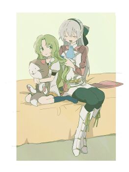 2girls absurdres ao_no_kiseki ascot black_hairband black_socks blue_ascot boots bow brushing_another's_hair brushing_hair character_doll closed_eyes commentary_request doll eiyuu_densetsu elie_macdowell green_eyes green_hair grey_hair hair_bow hairband half_updo highres kea_(eiyuu_densetsu) long_hair macha_(macha3635toa) mishy multiple_girls orange_skirt pantyhose shirt skirt socks white_boots white_shirt zero_no_kiseki