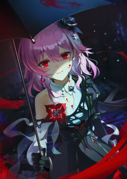 1girl absurdres black_gloves blood blood_on_clothes blood_on_face buttons dress earrings evernight_(honkai:_star_rail) flower gloves hair_between_eyes hair_flower hair_ornament hairclip hashtag-only_commentary highres holding holding_umbrella honkai:_star_rail honkai_(series) jewelry layered_dress looking_at_viewer march_7th_(honkai:_star_rail) parallel_hairclips pink_hair red_eyes single_bare_shoulder single_earring umbrella yanjem