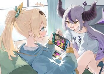 2girls absurdres ahoge alternate_costume anger_vein angry black_hairband black_horns blonde_hair blue_eyes blush bow braid braided_bangs brown_eyes clothes_writing commentary demon_horns double-parted_bangs english_commentary evening_rabbit grey_hair hair_bow hairband handheld_game_console highres holding holding_handheld_game_console hololive horns huge_horns indoors kazama_iroha la+_darknesss long_hair long_sleeves multicolored_bow multiple_girls nintendo nintendo_switch no_pants oversized_clothes playing_games playing_video_games pointy_ears ponytail purple_streaks single_hair_streak slippers splatoon_(series) striped_horns v-shaped_eyebrows very_long_hair virtual_youtuber