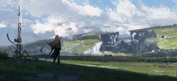 Rule 34 | 1other, asteroid ill, black coat, black pants, blonde hair, blue sky, bridge, cliff, cloud, coat, commentary request, facing away, field, full body, highres, hill, long hair, original, pants, rock, scenery, signature, sky, watermark