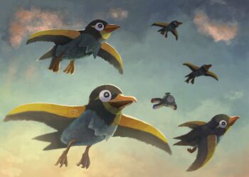 animal_focus beak bird cloud esuke_coil flying gen_1_pokemon highres magnemite magnet nintendo no_humans object_through_head outdoors pokemon pokemon_(creature) pokemon_focus screw_in_head sky wattrel wings
