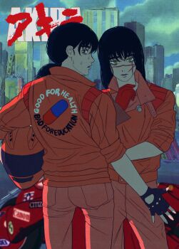 2girls akira_(manga) black_hair cdtxufre chainsaw_man clothes_writing cosplay cross_scar cyberpunk english_text facial_scar gloves helmet highres holding holding_unworn_helmet jacket kaneda_shoutarou&#039;s_bike kaneda_shoutarou_(akira) kaneda_shoutarou_(akira)_(cosplay) leather leather_gloves long_hair looking_at_viewer low_twintails mitaka_asa motor_vehicle motorcycle multiple_girls open_mouth pants parody red_eyes red_jacket red_pants ringed_eyes scar scar_on_cheek scar_on_face scar_on_nose screenshot_inset solo tokyo_(city) twintails unworn_headwear unworn_helmet yoru_(chainsaw_man)