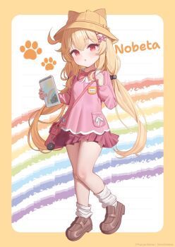 1girl ahoge artist_request bag blonde_hair brown_shoes character_name commentary_request full_body hair_bobbles hair_ornament hairclip hat kindergarten_uniform little_witch_nobeta long_hair low_twintails nobeta official_art paw_print pink_shirt pink_skirt pleated_skirt red_eyes school_hat shirt shoes sketchbook skirt socks solo standing thighs twintails twintails_day white_socks yellow_hat