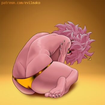 1girl ashido_mina ass ass_focus bare_back bare_legs barefoot bent_over bikini black_sclera boku_no_hero_academia bones_(company) colored_sclera colored_skin feet from_behind gold_bikini gold_thong horns huge_ass legs mako_(artist) no_braback pink_hair pink_skin shounen_jump soles swimsuit thong thong_bikini toes yellow_eyes