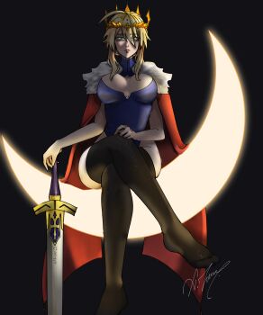 1girl absurdres ahoge androura artoria_pendragon_(fate) artoria_pendragon_(lancer)_(fate) artoria_pendragon_(lancer)_(third_ascension)_(fate) blonde_hair blue_dress breasts cape crescent_moon crossed_legs crown dark_background dress fate_(series) feet hand_on_own_knee highres large_breasts moon non-web_source partially_shaded_face red_cape shade short_hair short_hair_with_long_locks signature sitting sword thighhighs weapon