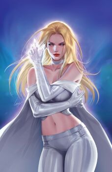 Rule 34 | 1girl, absurdres, bare shoulders, blonde hair, blue eyes, cape, choker, cover image, emma frost, gloves, highres, leirix, looking at viewer, marvel, midriff, nose, official art, pants, red lips, stomach, strapless, thigh gap, thighs, tube top, white cape, white choker, white gloves, white pants, white tube top