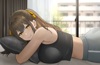 1girl blurry blurry_background breasts brown_hair day grey_pants hair_ribbon highres hugging_object indoors large_breasts long_hair looking_at_viewer lying midriff on_bed on_stomach original pants pillow pillow_hug riasu ribbon smile solo twintails window yellow_eyes yellow_ribbon