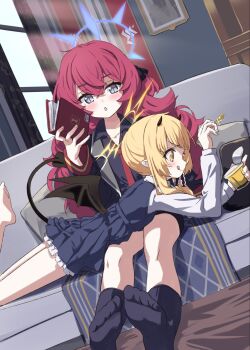 2girls :q black_horns black_ribbon black_shirt black_socks black_tail black_wings blonde_hair blue_archive blush book commentary_request couch demon_girl demon_horns demon_tail demon_wings dress fluffy_hair food glint grey_eyes hair_between_eyes hair_ribbon halo hand_up highres holding holding_book holding_spoon horns ibuki_(blue_archive) indoors iroha_(blue_archive) long_hair long_sleeves loose_necktie low_wings lying_on_lap multiple_girls natsuki_(gedo) necktie on_couch parted_lips pinafore_dress pointy_ears pudding purple_halo red_hair red_necktie ribbon shirt side_ponytail sitting sleeveless sleeveless_dress socks spoon tail tongue tongue_out wings yellow_eyes yellow_halo