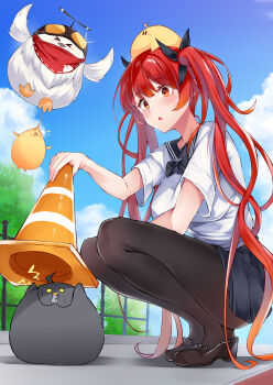 1girl azur_lane black_ribbon black_sailor_collar black_skirt blush breasts curious day from_side full_body gradient_hair hair_ribbon highres honolulu_(azur_lane) honolulu_(umbrella_girl)_(azur_lane) irohara large_breasts leaning_forward legs legs_together long_hair manjuu_(azur_lane) medium_breasts miniskirt multicolored_hair orange_eyes orange_hair outdoors pantyhose pleated_skirt red_hair ribbon sailor_collar school_uniform serafuku skirt solo squatting staring thighs traffic_cone twintails two-tone_hair very_long_hair