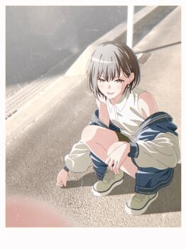 2girls bang_dream! bang_dream!_it&#039;s_mygo!!!!! blue_jacket blush border brown_eyes commentary dress_shirt earrings grey_hair highres jacket jewelry looking_at_viewer lower_teeth_only multiple_girls off_shoulder open_clothes open_jacket open_mouth shirt shoes short_hair solo_focus squatting takamatsu_tomori teeth white_border white_shirt white_shoes yasou0049