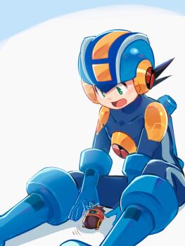 1boy 3suisousui blue_bodysuit blue_helmet bodysuit green_eyes helmet highres lan_hikari_(mega_man) male_focus mega_man_(series) mega_man_battle_network_(series) megaman.exe netnavi simple_background sitting solo_focus white_background