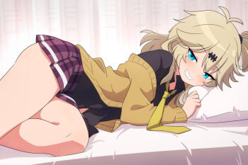 1girl black_shirt blue_eyes brown_hair cardigan collared_shirt commentary_request cowboy_shot grin highres kasukabe_tsumugi lechii long_hair looking_at_viewer lying mole mole_under_eye necktie on_bed on_side open_cardigan open_clothes pillow pleated_skirt shirt skirt smile solo thighs voicevox yellow_cardigan yellow_necktie
