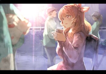 Rule 34 | 1girl, aikatsu!, aikatsu! (series), backlighting, bow, braid, cup, hair bow, hands up, holding, holding cup, jacket, koruse, letterboxed, long hair, long sleeves, open mouth, orange hair, outdoors, ozora akari, people, pink bow, pink eyes, pink jacket, smile, solo, sunlight, upper body