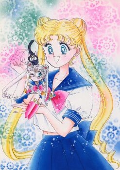 1990s_(style) :d absurdres animal animal_on_head artbook bishoujo_senshi_sailor_moon black_cat blonde_hair blue_eyes blue_skirt boots cat collarbone crescent crescent_facial_mark double_bun dual_persona earrings facial_mark forehead_mark gloves hair_bun highres incredibly_absurdres jewelry long_hair looking_at_another luna_(sailor_moon) mask midriff_peek mini_person minigirl official_alternate_costume official_art on_head one_eye_closed open_mouth pale_skin pleated_skirt puffy_short_sleeves puffy_sleeves red_boots retro_artstyle sailor_moon sailor_moon_(prototype) scan short_sleeves sitting sitting_on_hand skirt smile star_(symbol) takeuchi_naoko tsukino_usagi very_long_hair white_gloves white_hair white_mask