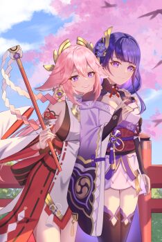 2girls animal_ear_piercing animal_ears asymmetrical_sleeves bare_shoulders blue_pupils blue_sky blunt_bangs blurry blurry_background breasts bridal_gauntlets bridge cleavage closed_mouth clothing_cutout collarbone commentary_request couple day detached_sleeves fox_ears fox_girl friends genshin_impact gradient_hair hair_between_eyes hair_ornament hand_on_another&#039;s_shoulder headpat highres holding japanese_clothes jewelry kimono lan_qiandai large_breasts light_smile long_sleeves looking_down looking_to_the_side mitsudomoe_(shape) mole mole_under_eye multicolored_eyes multicolored_hair multiple_girls neck_ribbon off_shoulder outdoors parted_lips pendant pink_hair purple_eyes purple_hair purple_kimono purple_nails raiden_shogun red_ribbon red_sash ribbon sash shade shoulder_cutout sideboob sky smile teeth thighhighs tomoe_(symbol) tree uneven_sleeves upper_body wide_sleeves yae_miko yuri