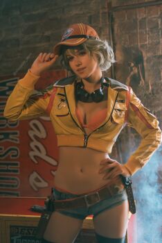 1girl belt bikini bikini_under_clothes blonde_hair breasts cidney_aurum cidney_aurum_(cosplay) cosplay denim denim_shorts dirty final_fantasy final_fantasy_xv gloves goggles goggles_around_neck green_eyes hand_on_own_hip hat highres jacket navel open_clothes open_jacket photo_(medium) real_life shirogane-sama short_shorts shorts smile swimsuit tool_belt tools