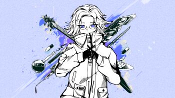 1boy aotsuki_eito chinese_commentary commentary_request covered_mouth glasses gloves greyscale_with_colored_background highres jacket looking_at_viewer male_focus phonograph pill pocket purple_background purple_eyes ringed_eyes saiteeeeeee short_hair solo spot_color syringe the_hundred_line_-last_defense_academy- upper_body vial x_fingers