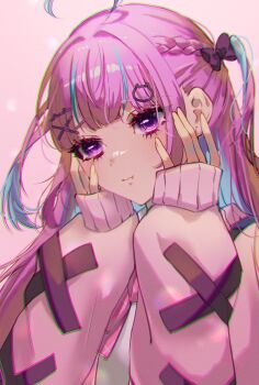 Rule 34 | 1girl, ahoge, blue hair, blunt bangs, bow, bowtie, braid, cardigan, cat hair ornament, chromatic aberration, closed mouth, colored inner hair, gradient background, hair bow, hair ornament, hairclip, hands on own face, highres, hololive, long hair, long sleeves, minato aqua, minato aqua (school uniform), multicolored hair, pink background, pink bow, pink bowtie, pink cardigan, plaid bow, plaid bowtie, plaid clothes, pout, purple bow, purple eyes, purple hair, rayla (rayla illust), school uniform, shirt, sleeves past wrists, solo, streaked hair, two side up, upper body, virtual youtuber, white shirt, x hair ornament