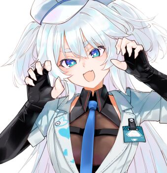 1girl :d black_bodystocking black_gloves blue_eyes blue_necktie bodystocking bright_pupils claw_pose commentary elbow_gloves english_commentary fangs fingerless_gloves flat_chest florence_(girls&#039;_frontline_2) girls&#039;_frontline girls&#039;_frontline_2:_exilium gloves hands_up hat head_tilt heart heart-shaped_pupils heart_print highres id_card jacket lapels long_hair looking_at_viewer namakura_(a_namakura) necktie notched_lapels nurse nurse_cap open_mouth pa-15_(girls&#039;_frontline) print_jacket short_eyebrows short_sleeves simple_background skin_fangs sleeveless smile solo straight-on symbol-shaped_pupils thick_eyebrows tsurime two_side_up white_background white_hair white_hat white_jacket white_pupils wing_collar