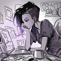 Rule 34 | 1girl, alternate costume, arm on table, asymmetrical hair, black eyes, black hair, casual, clock, closed mouth, clutter, computer, contemporary, cup, cyborg, desk, earrings, eyebrow cut, eyeshadow, from side, gradient hair, hand on own chin, head rest, highres, indoors, jewelry, laptop, leaning forward, looking at screen, makeup, mole, mole under eye, mug, multicolored hair, on chair, overwatch, overwatch 2, ow mako, purple eyeshadow, purple hair, purple lips, purple shirt, shirt, short sleeves, sitting, solo, sombra (overwatch), stud earrings, t-shirt, undercut, upper body