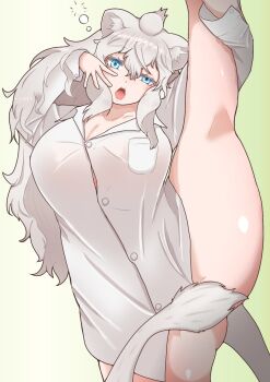 1girl alternate_breast_size_(larger) animal_ears arms_up asatoyuyunopapa blue_eyes bottomless breast_pocket breasts buttons covering_crotch covering_privates dress_shirt flexible gluteal_fold grey_hair hair_between_eyes half-closed_eye head_tilt highres holding_own_leg huge_breasts kemono_friends kemono_friends_3 kneepits leg_hold leg_lift leg_up lion_ears lion_girl lion_tail long_hair long_sleeves looking_at_viewer making-of_available naked_shirt pocket shiny_skin shirt sleepy solo split standing standing_on_one_leg standing_split tail tail_censor very_long_hair white_lion_(kemono_friends) white_shirt