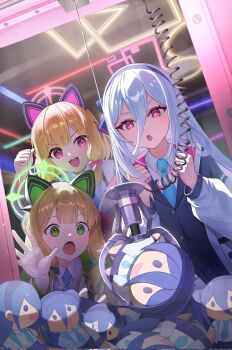 3girls animal_ear_headphones animal_ears aris_(blue_archive) blonde_hair blue_archive blue_necktie character_doll commentary_request crane_game doll fake_animal_ears green_eyes green_halo halo headphones highres kama_(kama_ovo) kei_(blue_archive) kei_(new_body)_(blue_archive) midori_(blue_archive) momoi_(blue_archive) multiple_girls necktie pink_halo rectangular_halo red_eyes white_hair