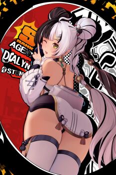 1girl absurdres ahoge ass bare_shoulders black_hair black_panties blush braid braided_twintails character_name china_dress chinese_clothes commentary cowboy_shot detached_sleeves dialyn_(zenless_zone_zero) dress earrings english_commentary english_text from_behind hair_extensions hair_ornament hairclip highres holding holding_phone jewelry lavriell long_hair looking_at_viewer looking_back multicolored_hair one_eye_closed panda_hair_ornament panties phone red_nails ring_hair_extensions solo thighhighs underwear white_hair white_thighhighs yellow_eyes zenless_zone_zero