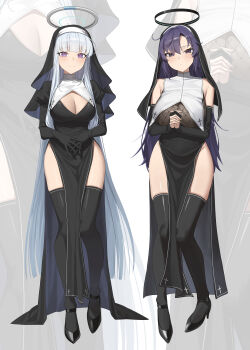 2girls absurdres alternate_costume bare_shoulders black_dress black_gloves black_veil blue_archive blush breasts cleavage cleavage_cutout clothing_cutout coif dress elbow_gloves fishnets full_body gloves highres large_breasts long_hair looking_at_viewer mm_(mhm2592) multiple_girls noa_(blue_archive) nun own_hands_together pelvic_curtain purple_eyes purple_hair side_slit simple_background smile standing thighhighs veil very_long_hair white_hair yuuka_(blue_archive)