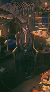 1girl absurdres ahoge animal_ears armchair black_coat black_pantyhose black_shirt black_skirt book bookshelf candle candlestand cat chair chess_piece chessboard closed_mouth coat coffee_pot collared_shirt cup globe hair_between_eyes highres holding holding_cup horse_ears indoors ladder lamp long_hair long_sleeves looking_at_viewer manhattan_cafe_(umamusume) multicolored_hair necktie pantyhose seikatsu shirt sitting skeleton skirt smile solo streaked_hair telescope umamusume yellow_eyes yellow_necktie