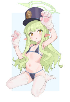 1girl bikini blue_archive green_hair green_halo halo highres hikari_(blue_archive) loli swimsuit terorisuta train_conductor white_background yellow_eyes